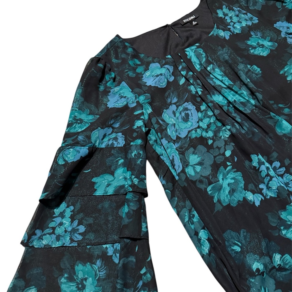 Roz & Ali Teal Floral Bell Sleeve Top - Picture 2 of 7